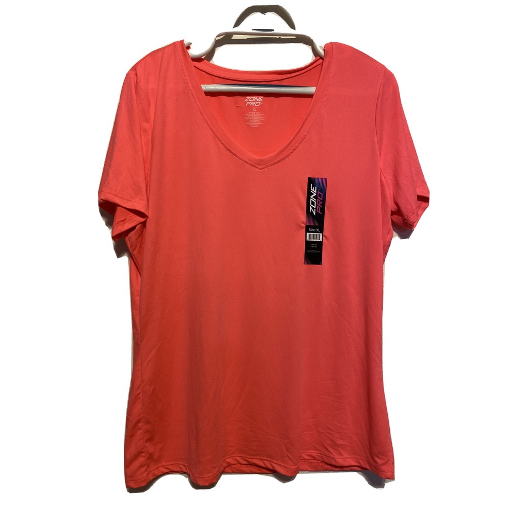 Zone Pro Womens XL Coral Pink V-Neck Short Sleeve Performance Athletic‎ Tee NWT
